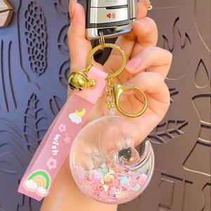 Colgante de botella de arena movediza de corazón femenino, cuentas de burbujas coloridas llenas de aceite con llavero de conejo de Luna estrella hecho de plástico Acrílico - Product Image 2