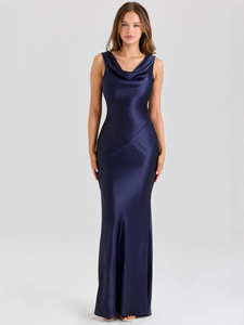 <span class=keywords><strong>2026</strong></span>新款优雅复古荷叶边无袖长款纯色高端缎面常规版型连衣裙 - Product Image 5