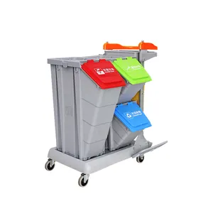 New design industrial multifunction cleaning janitor trash cart with 25L 50L stackable classifiable plastic waste bin