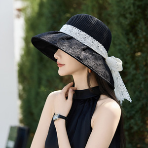 Lace Bow <b>Straw</b> <b>Hat</b> For Women Beige Sun Protection Summer Outing Bucket <b>Hat</b> - Product Image 3
