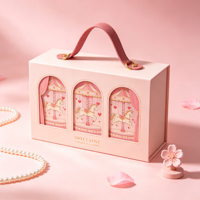 Boîte cadeau en carton rose de qualité supérieure avec poignée et fenêtre carrousel pour emballage de cadeaux de luxe, cosmétiques, bijoux, surprises