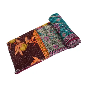 Antiguo edredón kantha vintage bengalí lanza indio Reversible cosido a mano tiro pesado viejo Sari manta parche trabajo edredón pesado