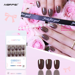AIERFEI 24 pièces Punk brun Chrome Gel vernis ongles conseils court ovale presse sur les ongles en gros nu faux ongles - Product Image 1