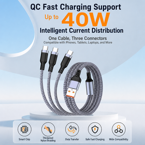 כבל טעינה ונתונים 3 ב-1 מסוג USB A ל-3 Type C, כבל נתונים קלוע, טעינה חכמה QC מקסימום 40W לטאבלט ולטלפון נייד - Product Image 2