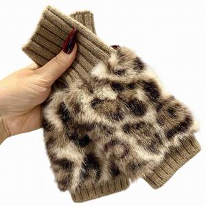Mitaines d'hiver en fausse fourrure léopard pour femme, chaudes et douces, sans doigts, chauffe-bras en acrylique pour étudiante - Product Image 3