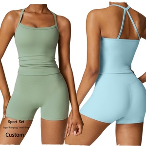 Women's Breathable 2-Piece Strappy Sports Bra Leggings Set Solid <b>Yoga</b> Workout Outfits for Plus Sizes with Elastic Waist Closure - Product Image 2