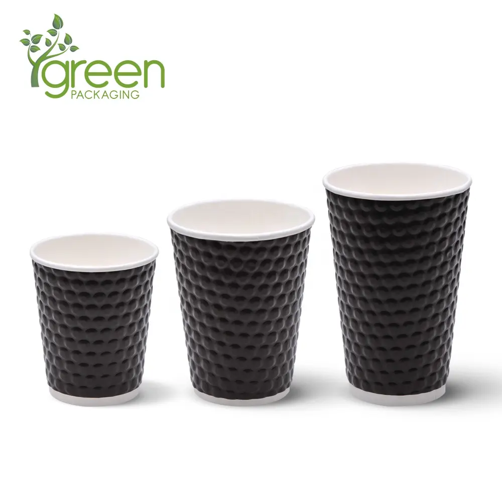 Nieuwe ontwerp reliëf dubbele muur koffie cup 12oz hot drink paper cups met plastic deksels