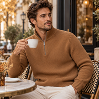 Pull tricoté personnalisé pour homme à col montant et fermeture éclair courte, manches longues, style décontracté, couleur unie, OEM ODM Marque Privée