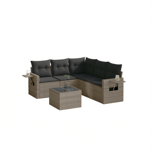 Conjunto de sofá de jardín de ratán gris para 6 personas, muebles de exterior de diseño contemporáneo con estructura de acero y mesa de vidrio templado. - Product Image 1