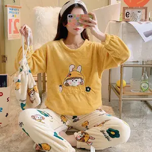 Winter Invierno Pijama Peluches Femme Pillama Coral Fleece Pyjama Flannel Cartoon Sleepwear Velvet Women Two Piece Pajama Set