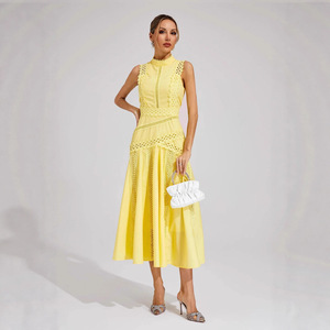 Robe de soirée midi blanche sans manches en dentelle, col rond, fermeture éclair sur le devant, taille naturelle, respirante - Product Image 3