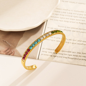 Brazalete de Acero Inoxidable con Circonitas de Colores, Bañado en Oro de 18k, Engaste de Canal, Cristales de Estrás, para Uso Diario Femenino - Product Image 4