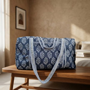 Blue Cotton Printed Quilted Weekender Duffel <b>Bag</b> <b>Large</b> Capacity Zipper Closure Travel <b>Bag</b> <b>Beach</b> Boho Weekender Duffel <b>Bags</b> - Product Image 1
