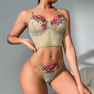 Venta al por mayor a granel Sexy Sujetador verde esmeralda Lencería erótica con lunares Lencería erótica Bordado de flores Conjunto de 2 piezas - Product Image 1