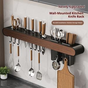 ชั้นวางมีดไม้ติดผนังในห้องครัวพร้อมลิ้นชัก2อันปรับได้อเนกประสงค์ที่เก็บตะเกียบและมีด - Product Image 1