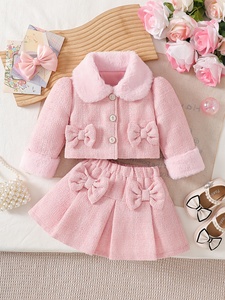 Nouvelle arrivée Automne Hiver Robe de fête pour bébé fille en peluche rose à col en plumes, 100% polyester, douce, deux pièces - Product Image 1