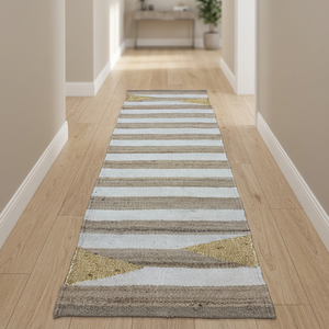Modern Striped Jute <b>Hallway</b> Runner <b>Rug</b> With Gold Accents Flat Weave Non-Slip Jute Backing For Home Use - Product Image 1