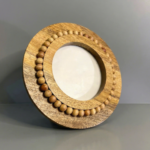 Handmade Natural Wood Round Photo <b>Frame</b> With Beaded Design Rustic Tabletop Decor - Product Image 1