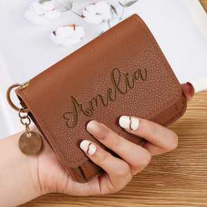 Personalised Small Fashion Solid Color Trifold Square <b>Wallet</b> Zipper Coin Pocket Custom <b>Engraved</b> Name Leather Slim Purse Ladies - Product Image 1
