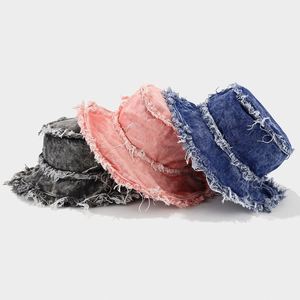 Wholesale Summer Stylish Distressed Washed Denim Bucket <b>Hat</b> Trendy Women <b>Men</b> Outdoor Vintage Frayed Edge Bucket <b>Sun</b> <b>Hat</b> - Product Image 2