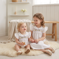 Ensemble Robe et Barboteuse Blanche Smockée pour Bébé Fille, Broderie Florale en Coton, Tenue Assortie Frères et Sœurs, Vêtements de Boutique Personnalisés ODM