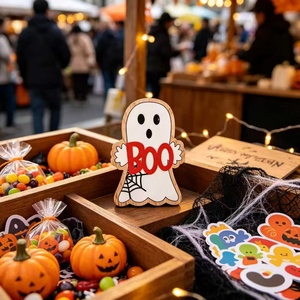 Decorazione di Halloween in Legno a Forma di Fantasma, Insegna BOO, Ornamento Sospeso a Cartone Animato, Decorazione da Tavolo e Mensola per Feste e Casa, Spaventosa - Product Image 5