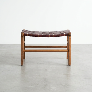 Midcentury Modern Wood <b>Footstool</b> With Leather Seat Outdoor Furniture Durable Teak Frame - Product Image 2