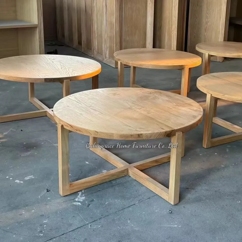 Muebles de salón de madera maciza diseño vintage mesa baja redonda de madera Alquiler de fiestas y eventos mesas de café