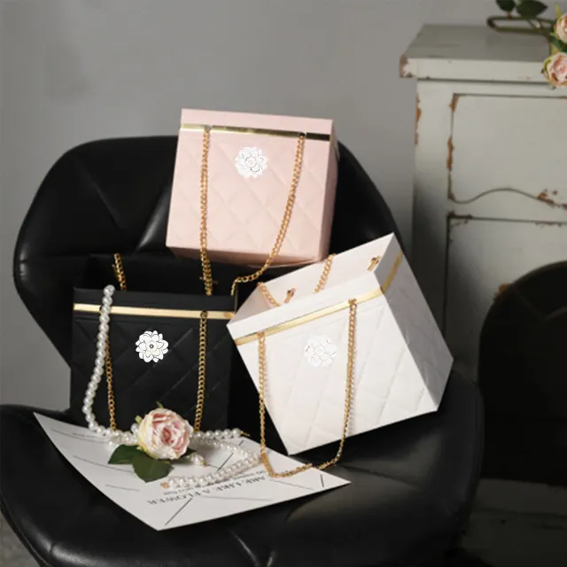 도매 휴대용 종이 꽃 패키지 상자 체인 스퀘어 핑크 접이식 선물 캐리어 가방 럭셔리 꽃 꽃다발 가방