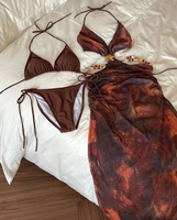 Ensemble 3 pièces maillot de bain et robe longue pour femme, motif chaînes, détails à nouer, coupe ajustée, style modeste, cache-maillot de plage S-L