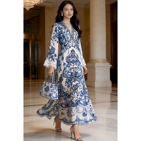 Robe Femme Luxe Léger Haut de Gamme Amincissante Vintage à Manches Cloche Taille Haute en Soie de Mûrier Imprimé Porcelaine Style Grande Balançoire