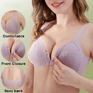 Soutien-gorge sans fil sexy à fermeture avant pour femmes, respirant, en dentelle unie, push-up, sans couture, grandes tailles du M au 5XL - Product Image 4