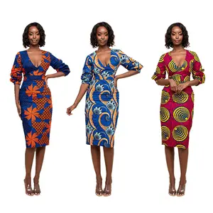 Vrouwen Casual Carrière Afrikaanse Dame Jurk Sexy Meisjes Print Diepe V-hals In Strakke Midi Jurk Afrikaanse Traditionele Mini Rok