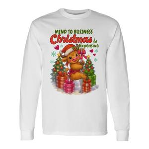 Mind To Business Christmas Is Expensive T-shirt à manches longues avec motif de vache des Highlands, col rond, unisexe, pour adulte, impression numérique - Product Image 1