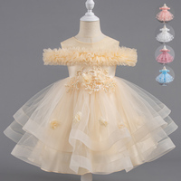 Robe de princesse rose pour filles, robe de fête d'anniversaire pour enfants, robe en dentelle à fleurs, manches bouffantes en perles, jaune clair, en stock