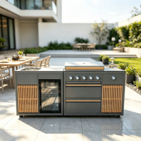 Îlot de cuisine extérieur modulaire moderne avec évier, réfrigérateur, barbecue à gaz, brûleur latéral, tiroirs coulissants et armoire de cuisson pour villa et jardin