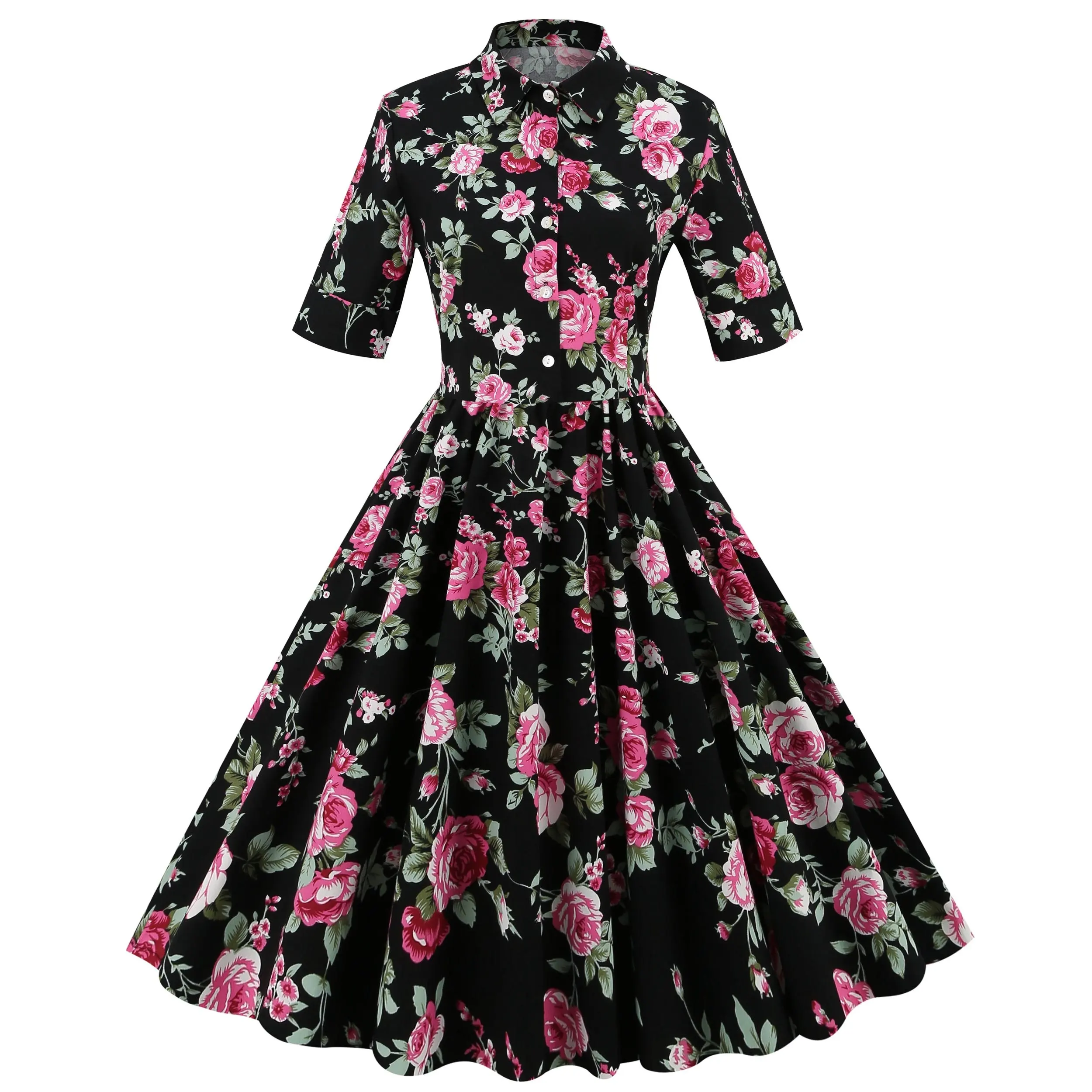 OSGL-1629 ladies floral print short sleeves vintage dresses knee long turn down collar women casual dress