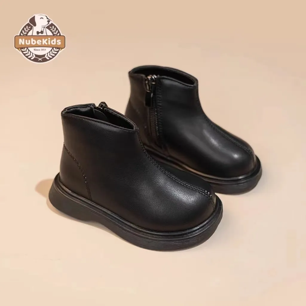 Vente chaude Style coréen mode bout rond talon plat bottine chaussures Martin bottes côté fermeture éclair bottes pour enfants