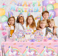 Ensemble de vaisselle et décorations pour fête d'anniversaire Licorne Arc-en-ciel : Assiettes, gobelets, serviettes, couverts, nappe, bannière, spirales, décorations de gâteau en nid d'abeille