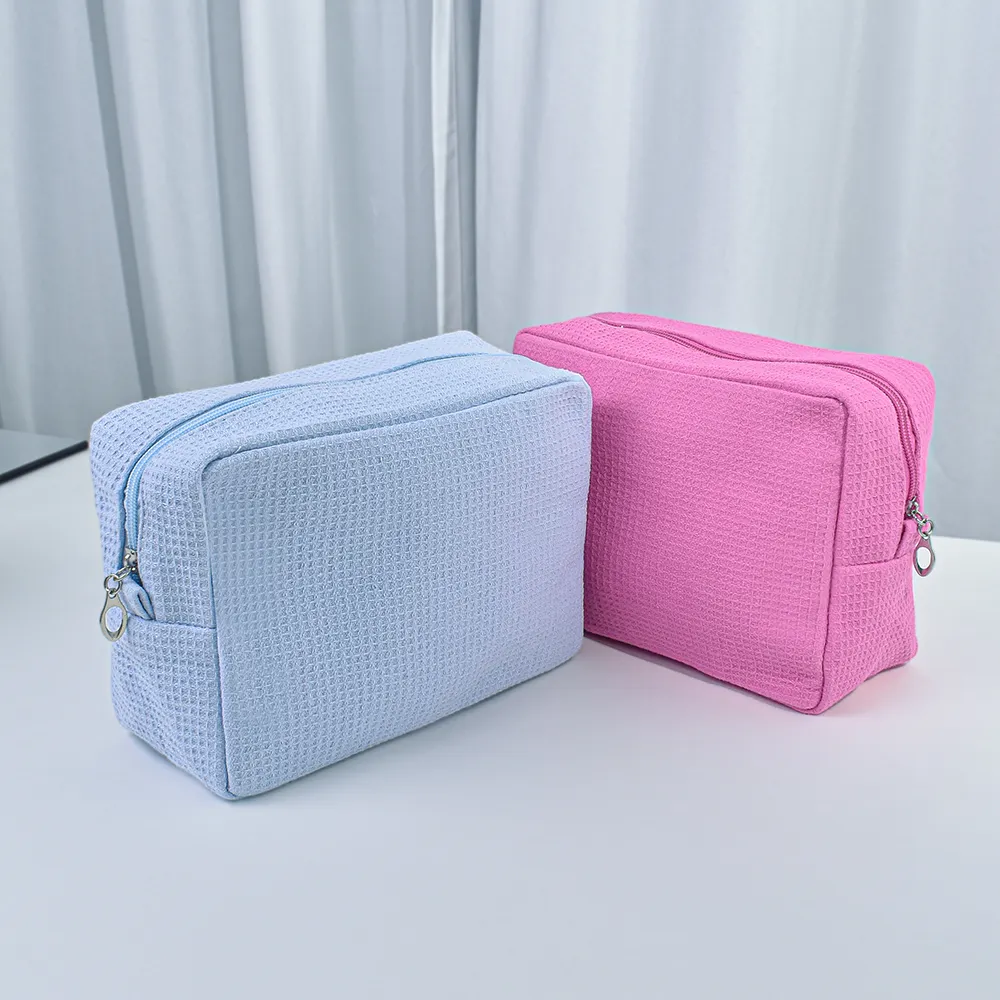 4 Colors Available Monogram Customize High Quality Wholesale Blank Waffle Weave Cosmetic Makeup Bag Bridesmaid Gift Purse Pouch