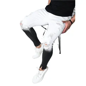 gradient wholesale Stretch twill Dark wash Concealed fly Functional pockets Ripped knees zipper skinny jeans pent men