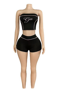 Completo Due Pezzi da Donna Primavera Estate, <span class=keywords><strong>Top</strong></span> Corto a Fascia e Pantaloncini Stampati Digitali – Set Sportivo Urbano - Product Image 2