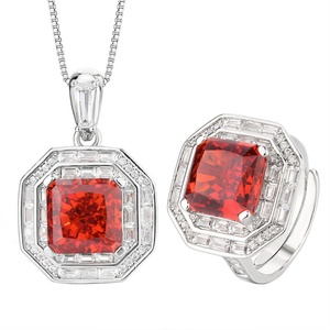 Premium Eco-friendly Copper High Quality Jewelry Set 10*10mm Square Cut <b>Red</b> Cubic Zirconia Iced Out Necklace Ring for Women <b>Gift</b> - Product Image 1
