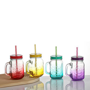 Barattolo di vetro multicolore disponibile con stampa logo di fascia alta 16oz con manico e paglia colorata e coperchio - Product Image 5