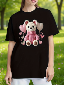 T-shirt da donna con stampa orsetto carino, manica corta, girocollo, in morbido cotone, casual, per tutte le stagioni, tessuto jersey - Product Image 2