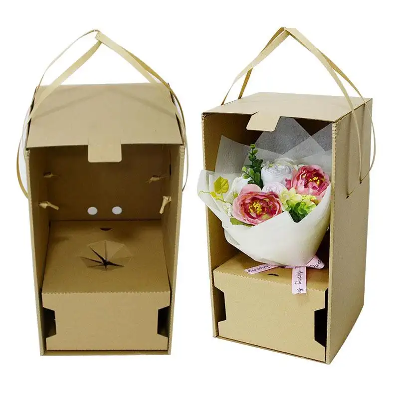 Personnalisé en papier ondulé brun bouquet livraison boîte avec poignées