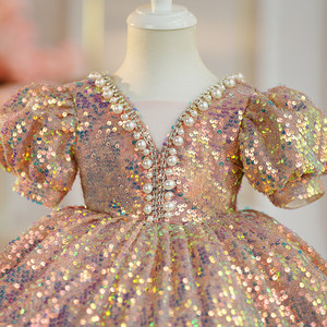 Abito da Principessa per Bambine 2025 Nuovo Vestito da Compleanno con Gonna Voluminosa in Poliestere, Silhouette a Linea A, Motivo con Paillettes, per Esibizioni di Pianoforte - Product Image 3