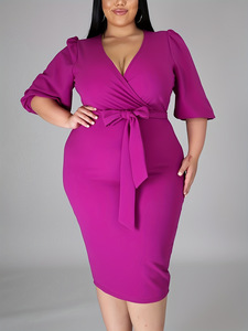 Prodotti Popolari: Abito Midi da Donna Taglie Forti in Chiffon con Paillettes, Scollo <span class=keywords><strong>a</strong></span> V, Tinta Unita, Maniche Lunghe e Allacciatura, Ideale per l'Autunno - Product Image 3