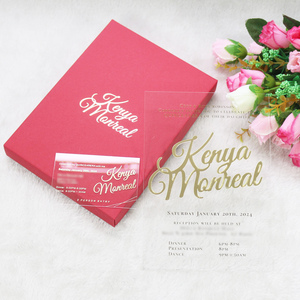 Invitaciones de cumpleaños de boda de acrílico transparente DIY con iniciales de oro cortadas con láser de lujo de muestra <span class=keywords><strong>gratis</strong></span> con caja de papel roja - Product Image 5