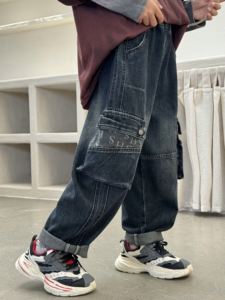 กางเกงคาร์โก้ยีนส์ทรงหลวมชายมีหลายกระเป๋า-เอวยางยืดลำลองฟอกสีเข้มกิจกรรมและสไตล์ในชีวิตประจำวัน - Product Image 2